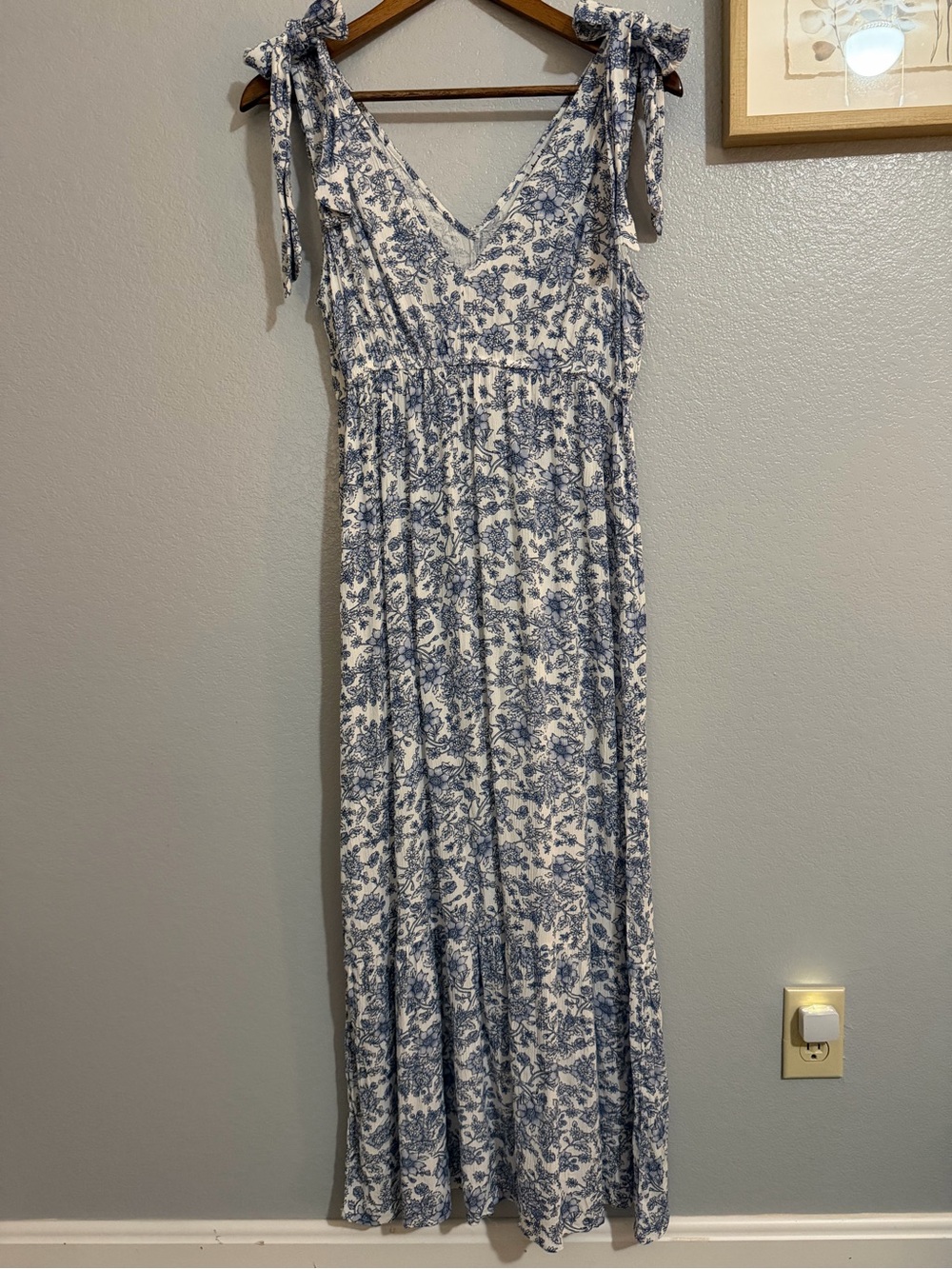 Charlotte Russe White Maxi Dress with Blue Floral Print